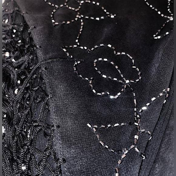Ladies Sheer Triangle Scarf with Piano Fringe Sequin Flower Detail in Black - Picture 6 of 6